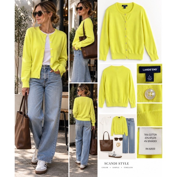 Lands' End Sweaters - Lands End L Yellow Cardigan Cotton Blend Scandi Copenhagen Dopamine Prep Coastal